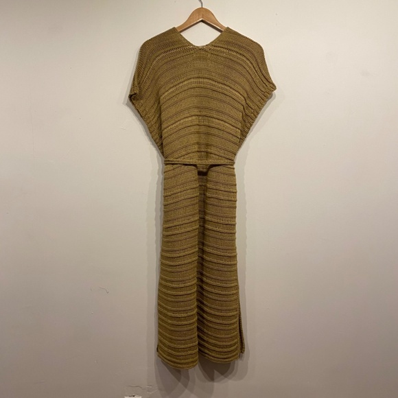 Aggel Knitwear Tan Loose Knit Long Cap Sleeve Open Front Cardigan Sweater Medium - Picture 5 of 5